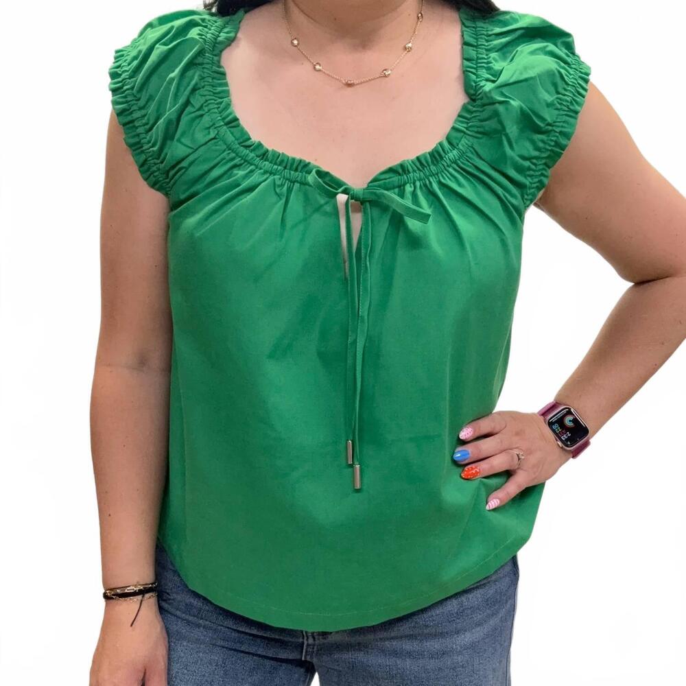 NEW ODDI solid poplin cap sleeve blouse in kelly green